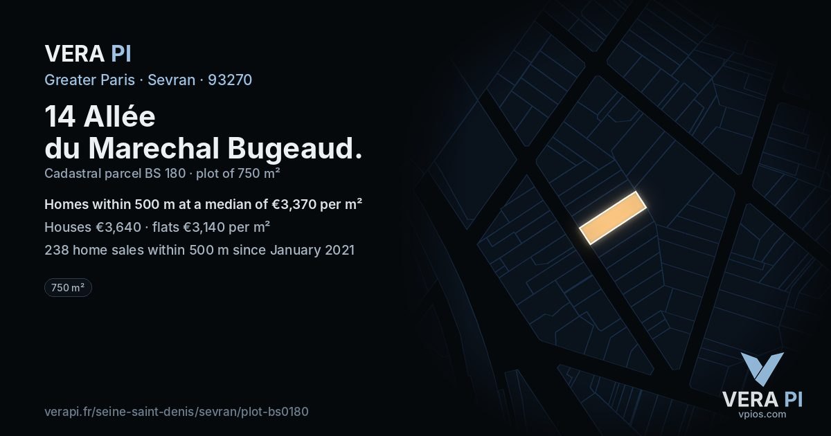 14 Allée du Marechal Bugeaud, Sevran at night – the plot lit, the parcels around coloured by the prices near them
