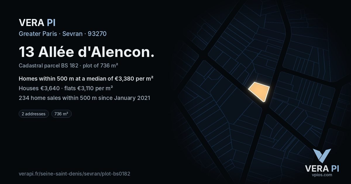 13 Allée d'Alencon, Sevran at night – the plot lit, the parcels around coloured by the prices near them