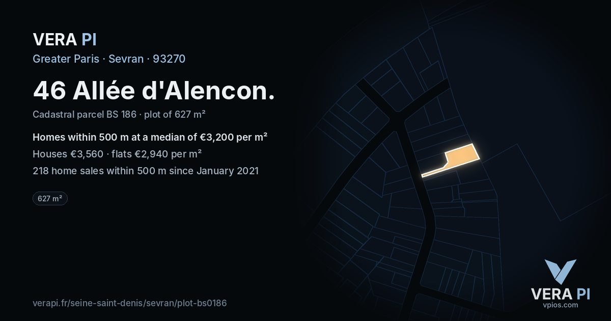 46 Allée d'Alencon, Sevran at night – the plot lit, the parcels around coloured by the prices near them