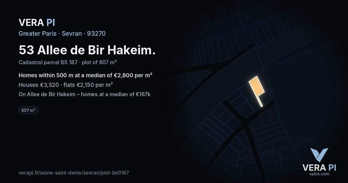 53 Allee de Bir Hakeim, Sevran at night – the plot lit, the parcels around coloured by the prices near them