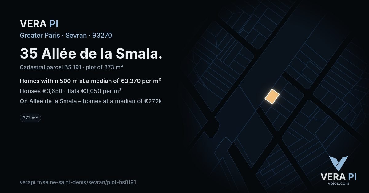 35 Allée de la Smala, Sevran at night – the plot lit, the parcels around coloured by the prices near them