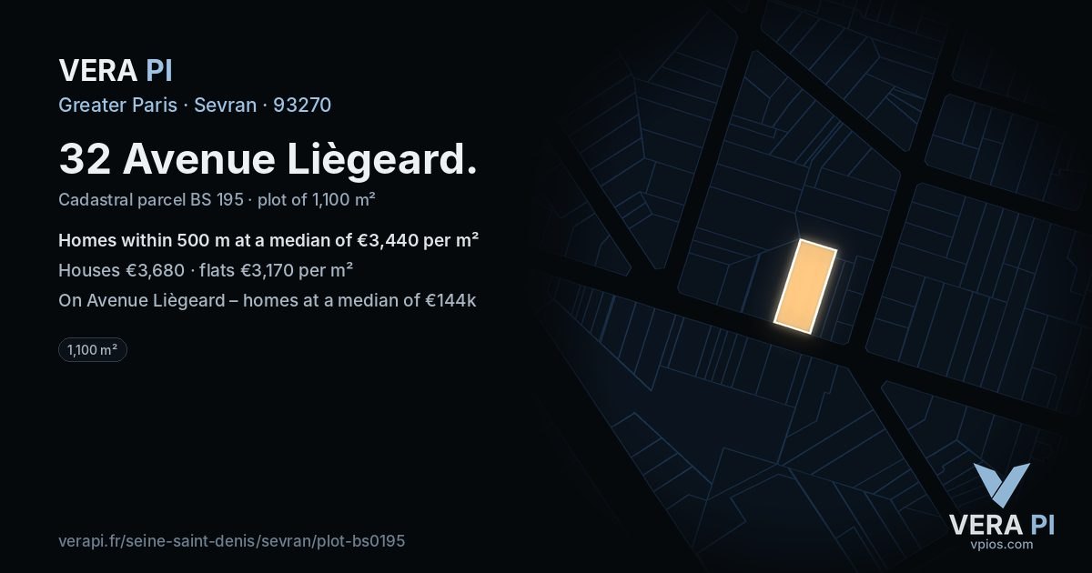 32 Avenue Liègeard, Sevran at night – the plot lit, the parcels around coloured by the prices near them