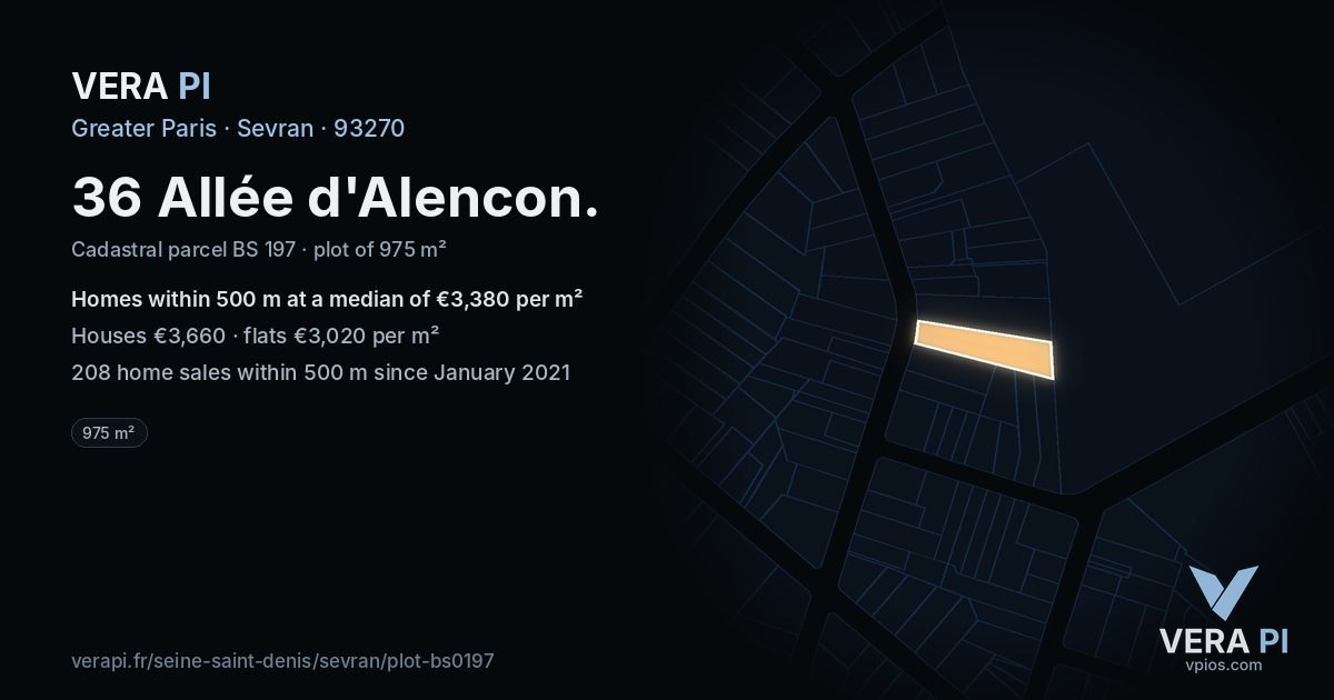 36 Allée d'Alencon, Sevran at night – the plot lit, the parcels around coloured by the prices near them