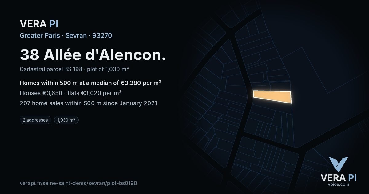 38 Allée d'Alencon, Sevran at night – the plot lit, the parcels around coloured by the prices near them