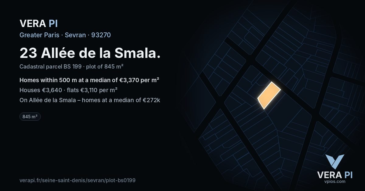 23 Allée de la Smala, Sevran at night – the plot lit, the parcels around coloured by the prices near them