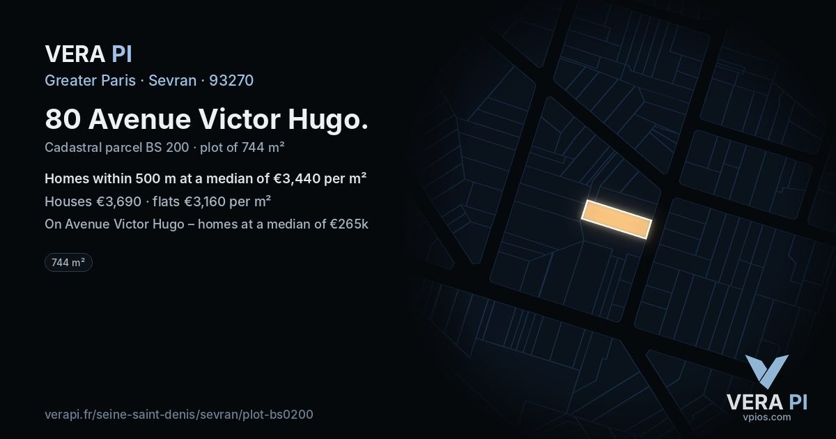 80 Avenue Victor Hugo, Sevran at night – the plot lit, the parcels around coloured by the prices near them