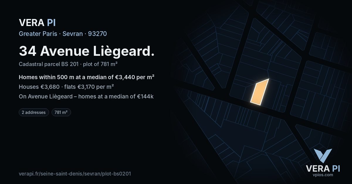 34 Avenue Liègeard, Sevran at night – the plot lit, the parcels around coloured by the prices near them