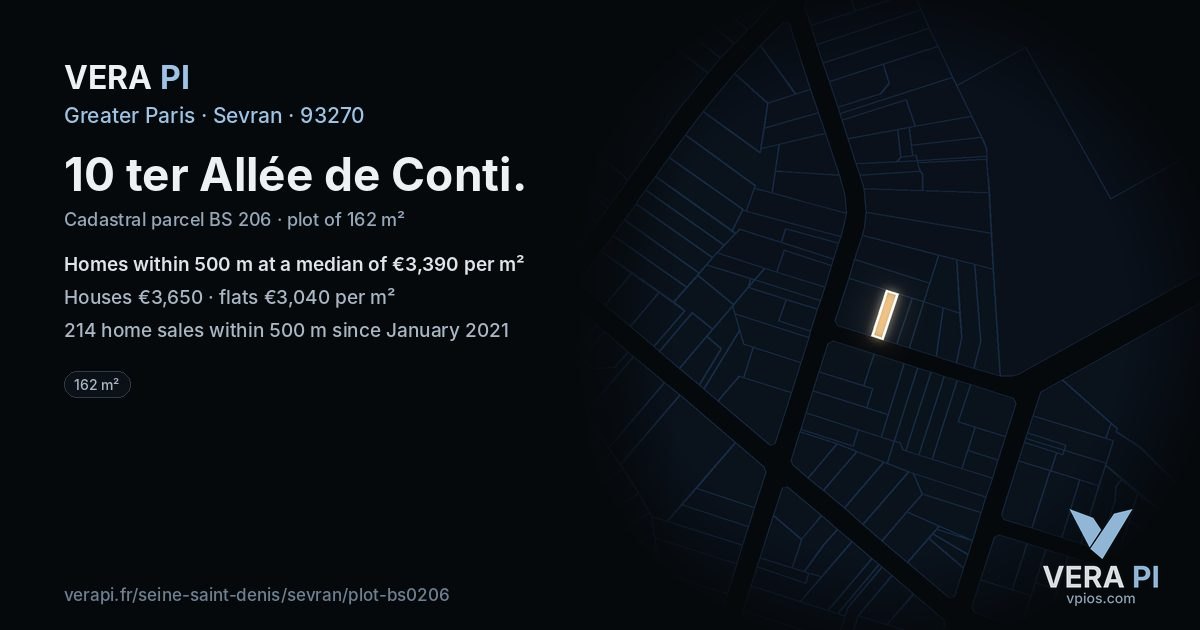 10 ter Allée de Conti, Sevran at night – the plot lit, the parcels around coloured by the prices near them