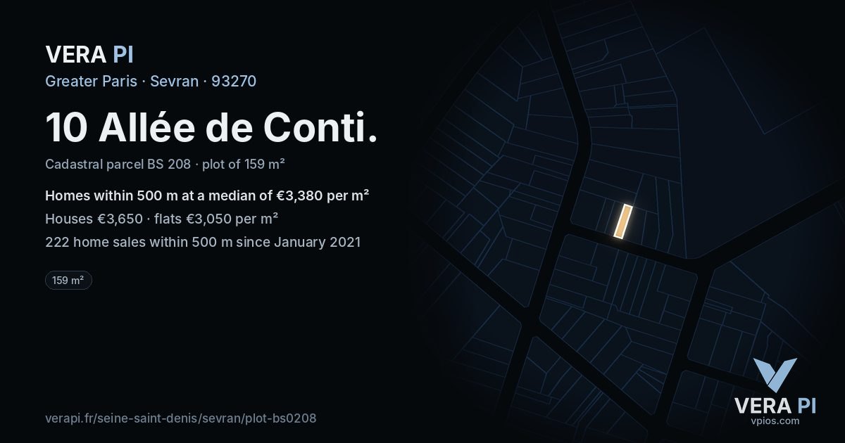 10 Allée de Conti, Sevran at night – the plot lit, the parcels around coloured by the prices near them