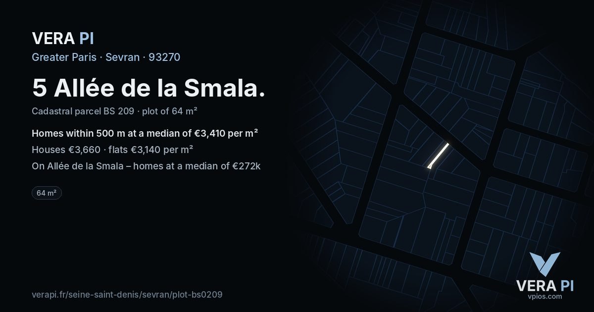 5 Allée de la Smala, Sevran at night – the plot lit, the parcels around coloured by the prices near them
