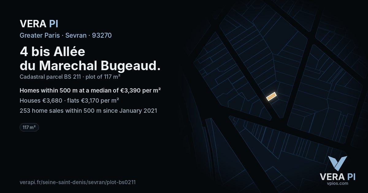 4 bis Allée du Marechal Bugeaud, Sevran at night – the plot lit, the parcels around coloured by the prices near them
