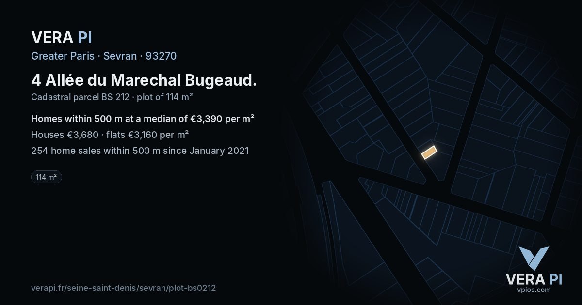 4 Allée du Marechal Bugeaud, Sevran at night – the plot lit, the parcels around coloured by the prices near them