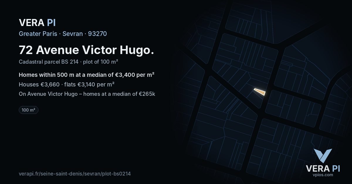 72 Avenue Victor Hugo, Sevran at night – the plot lit, the parcels around coloured by the prices near them