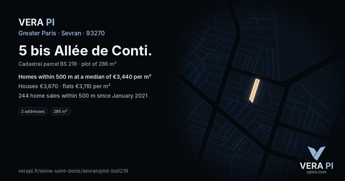 5 bis Allée de Conti, Sevran at night – the plot lit, the parcels around coloured by the prices near them
