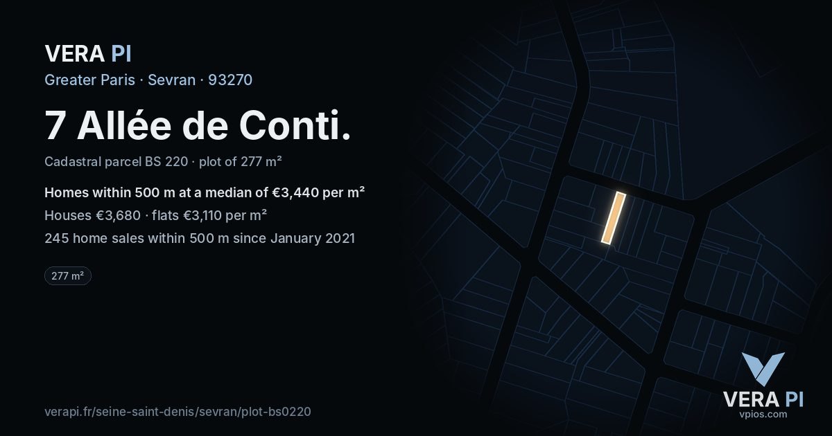7 Allée de Conti, Sevran at night – the plot lit, the parcels around coloured by the prices near them