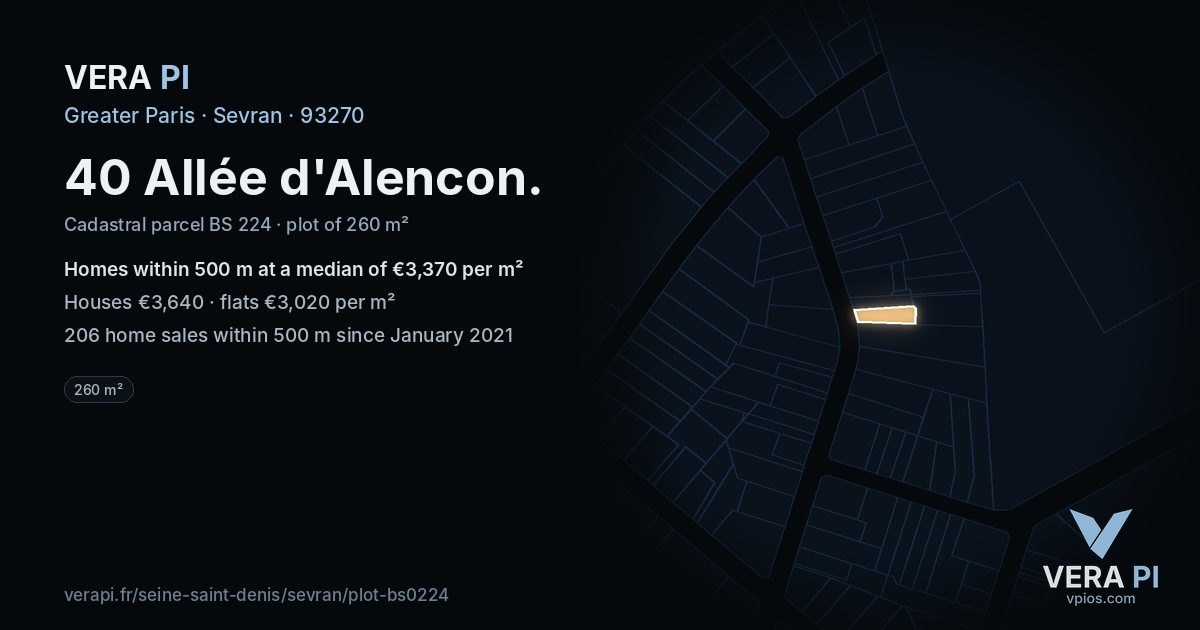 40 Allée d'Alencon, Sevran at night – the plot lit, the parcels around coloured by the prices near them