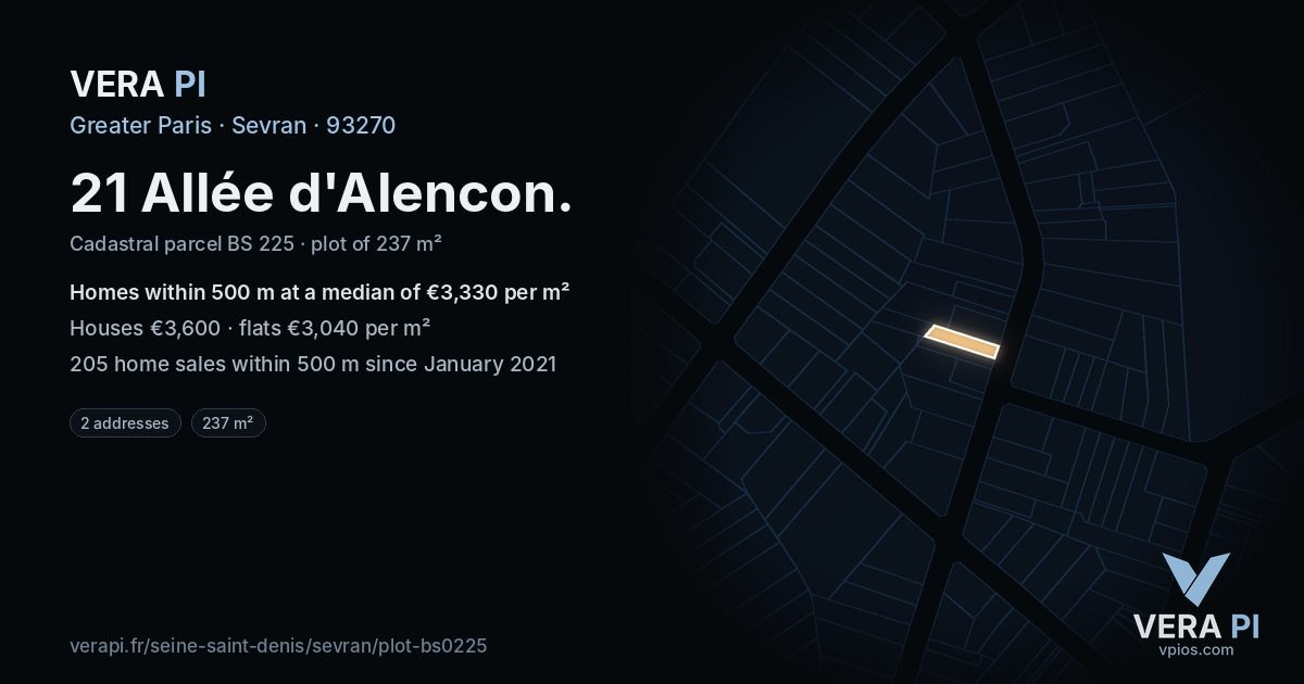 21 Allée d'Alencon, Sevran at night – the plot lit, the parcels around coloured by the prices near them