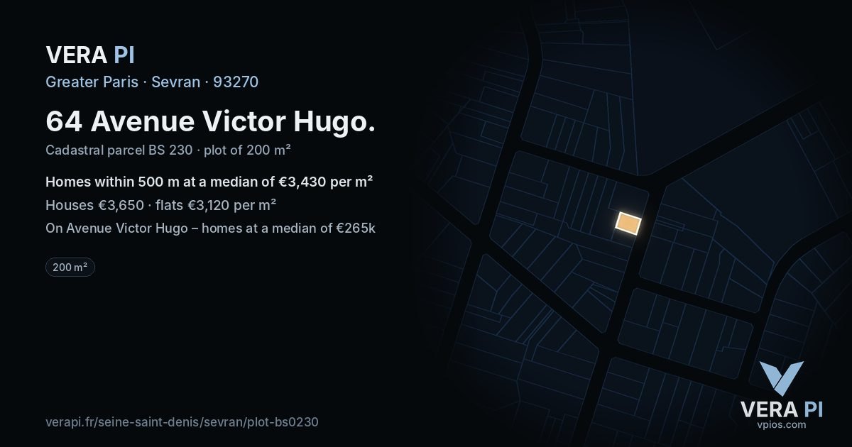 64 Avenue Victor Hugo, Sevran at night – the plot lit, the parcels around coloured by the prices near them