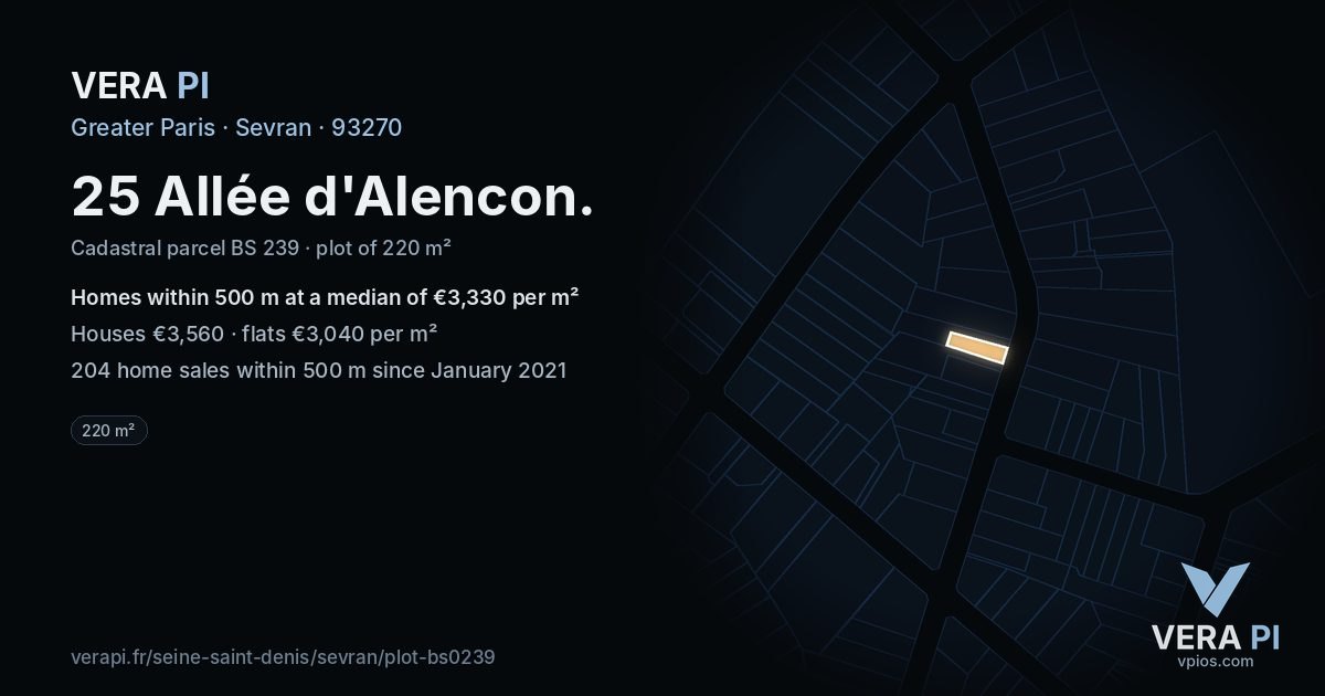 25 Allée d'Alencon, Sevran at night – the plot lit, the parcels around coloured by the prices near them