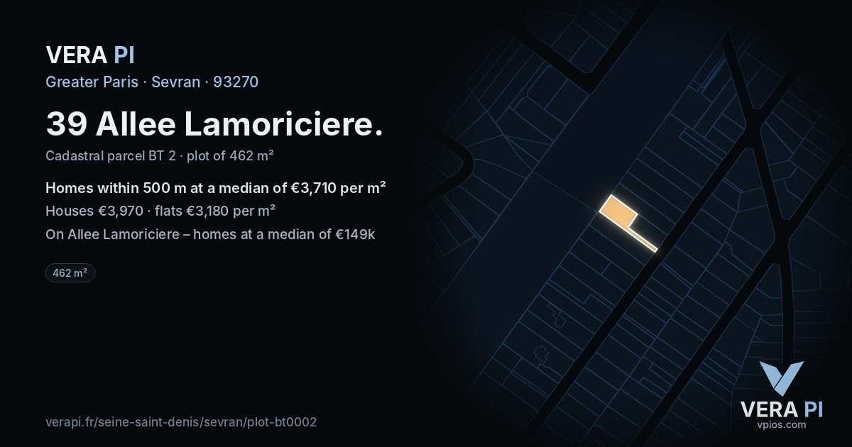 39 Allee Lamoriciere, Sevran at night – the plot lit, the parcels around coloured by the prices near them