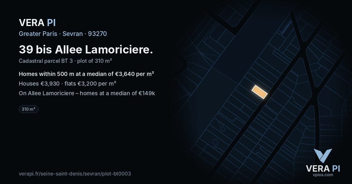 39 bis Allee Lamoriciere, Sevran at night – the plot lit, the parcels around coloured by the prices near them