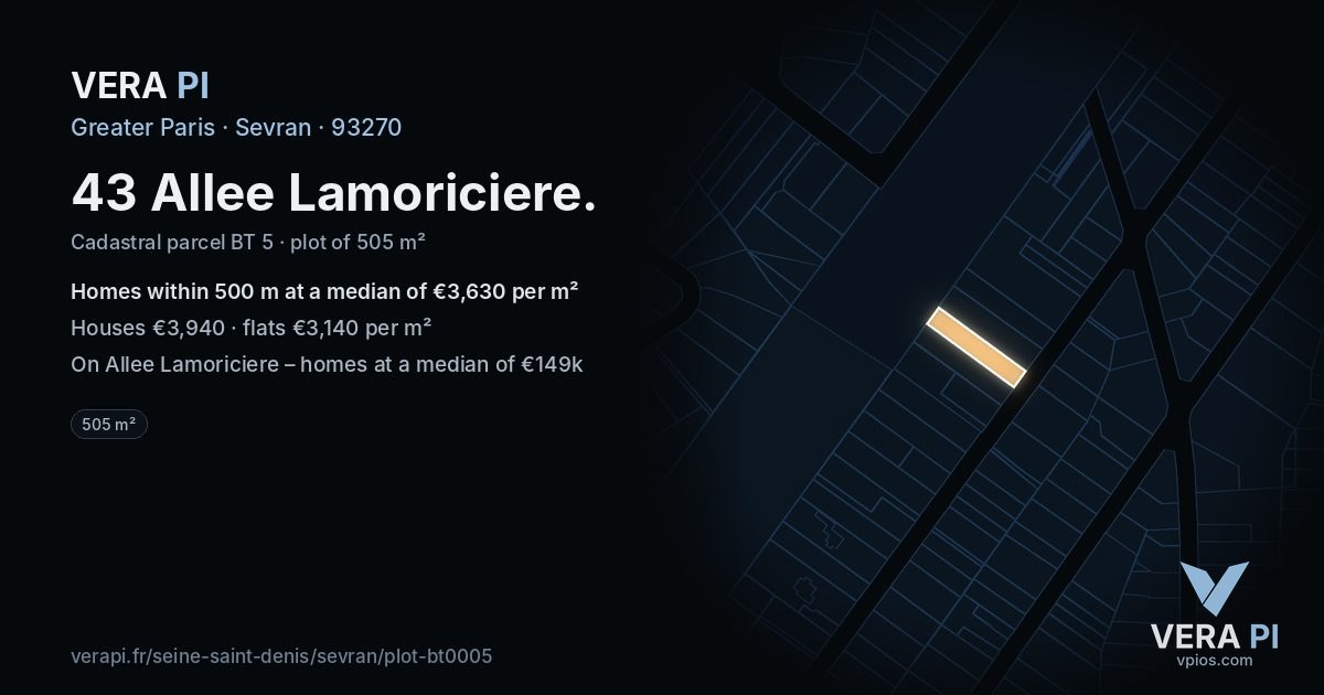 43 Allee Lamoriciere, Sevran at night – the plot lit, the parcels around coloured by the prices near them