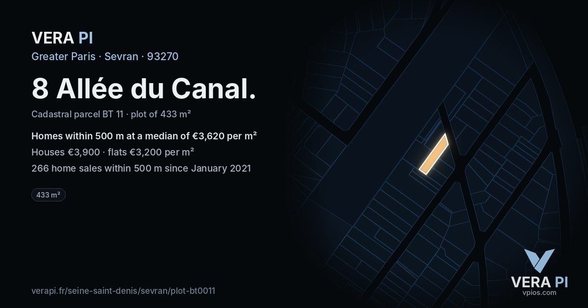 8 Allée du Canal, Sevran at night – the plot lit, the parcels around coloured by the prices near them