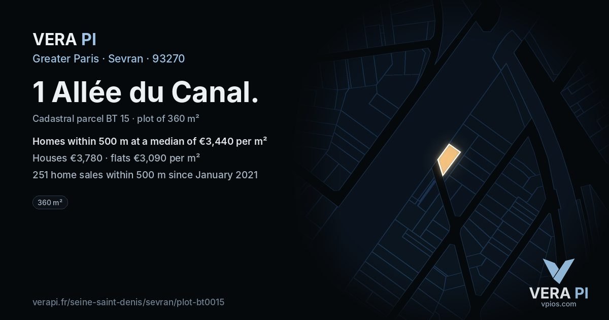 1 Allée du Canal, Sevran at night – the plot lit, the parcels around coloured by the prices near them