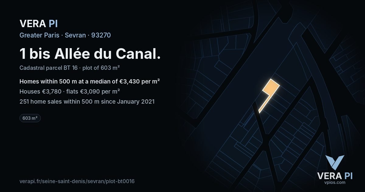 1 bis Allée du Canal, Sevran at night – the plot lit, the parcels around coloured by the prices near them