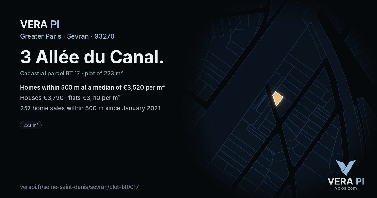 3 Allée du Canal, Sevran at night – the plot lit, the parcels around coloured by the prices near them