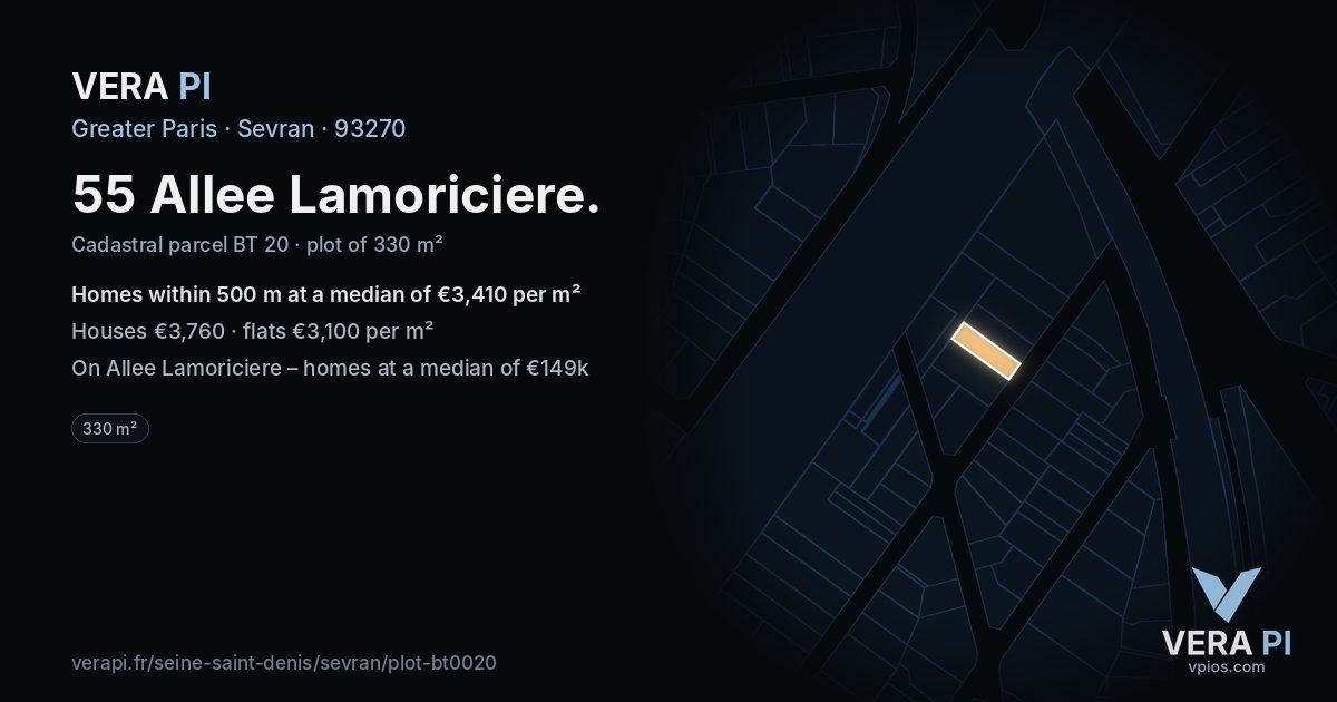 55 Allee Lamoriciere, Sevran at night – the plot lit, the parcels around coloured by the prices near them