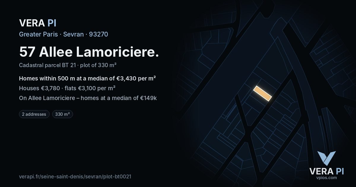 57 Allee Lamoriciere, Sevran at night – the plot lit, the parcels around coloured by the prices near them