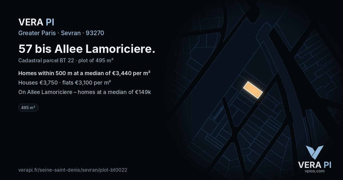 57 bis Allee Lamoriciere, Sevran at night – the plot lit, the parcels around coloured by the prices near them