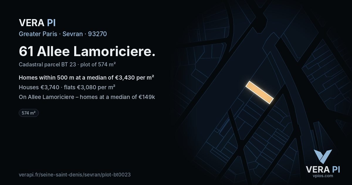 61 Allee Lamoriciere, Sevran at night – the plot lit, the parcels around coloured by the prices near them