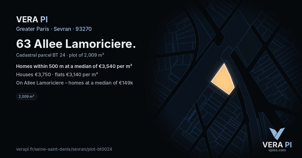 63 Allee Lamoriciere, Sevran at night – the plot lit, the parcels around coloured by the prices near them