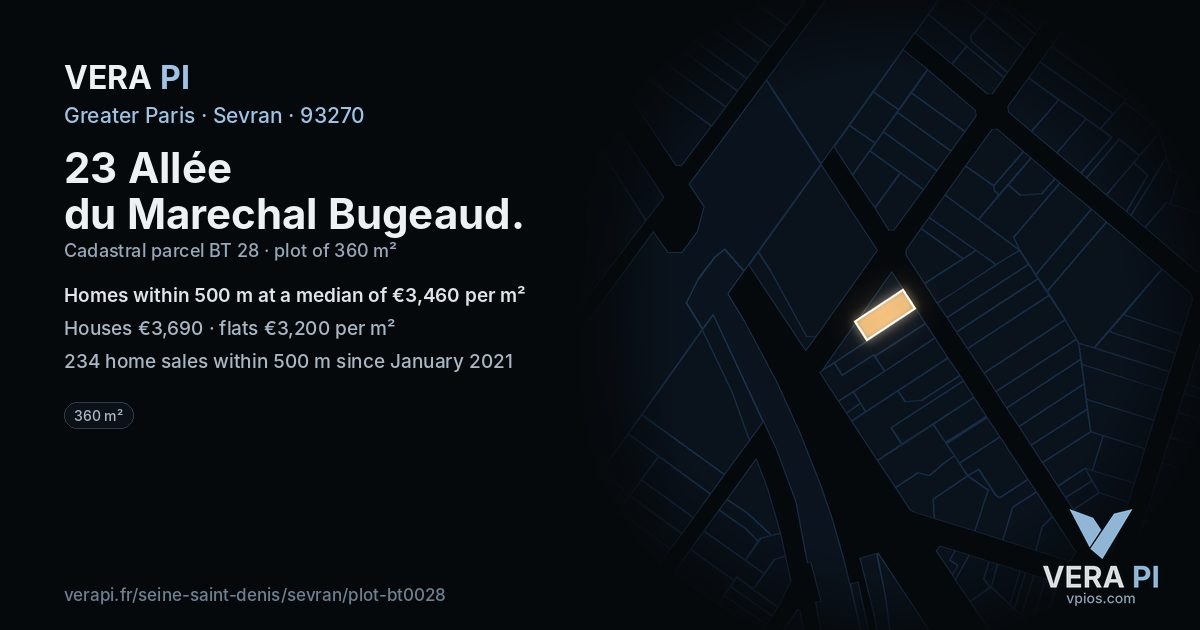 23 Allée du Marechal Bugeaud, Sevran at night – the plot lit, the parcels around coloured by the prices near them