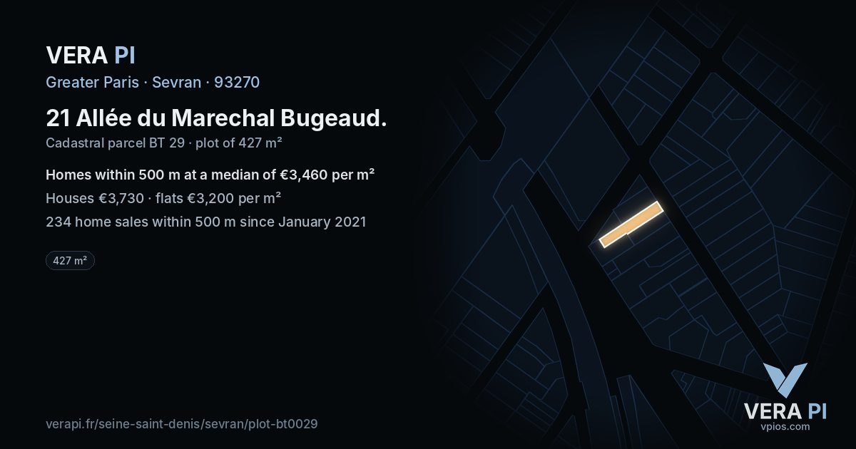 21 Allée du Marechal Bugeaud, Sevran at night – the plot lit, the parcels around coloured by the prices near them