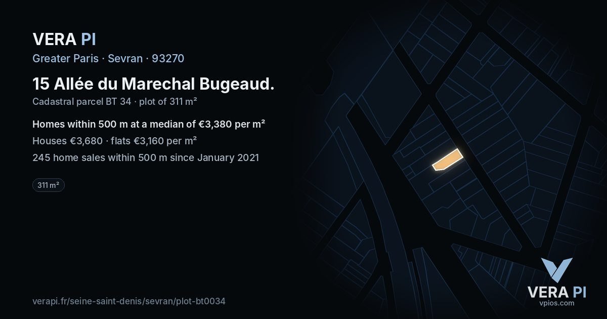 15 Allée du Marechal Bugeaud, Sevran at night – the plot lit, the parcels around coloured by the prices near them