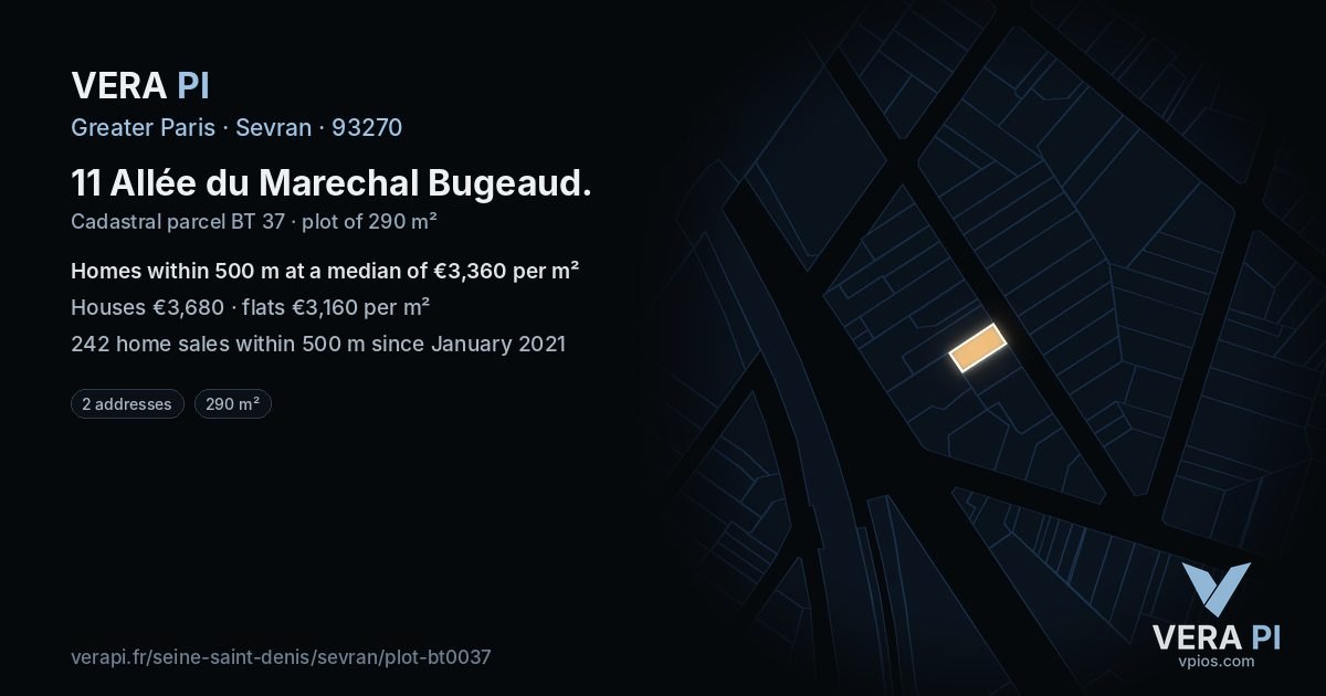 11 Allée du Marechal Bugeaud, Sevran at night – the plot lit, the parcels around coloured by the prices near them