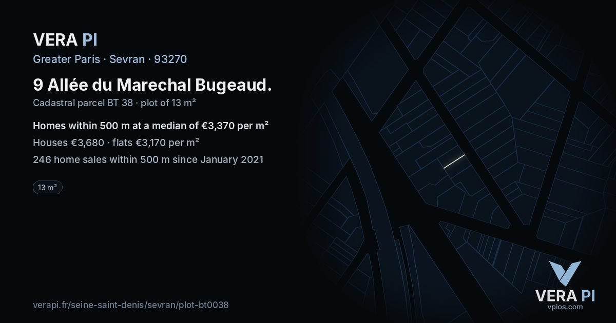 9 Allée du Marechal Bugeaud, Sevran at night – the plot lit, the parcels around coloured by the prices near them