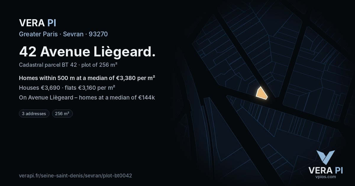 42 Avenue Liègeard, Sevran at night – the plot lit, the parcels around coloured by the prices near them