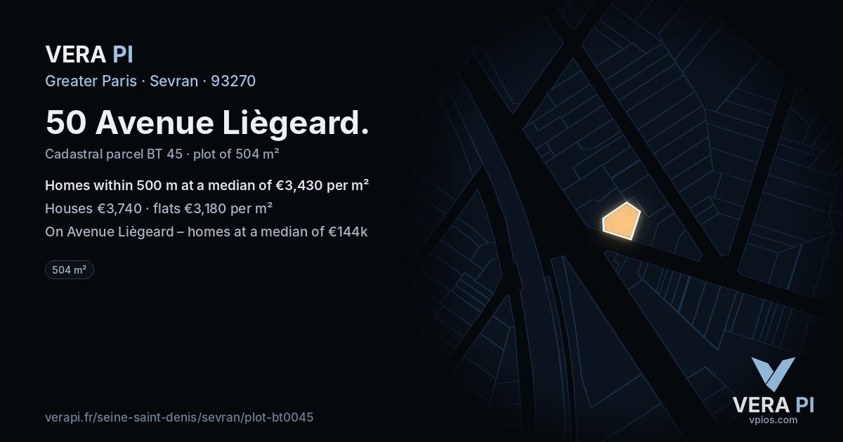 50 Avenue Liègeard, Sevran at night – the plot lit, the parcels around coloured by the prices near them