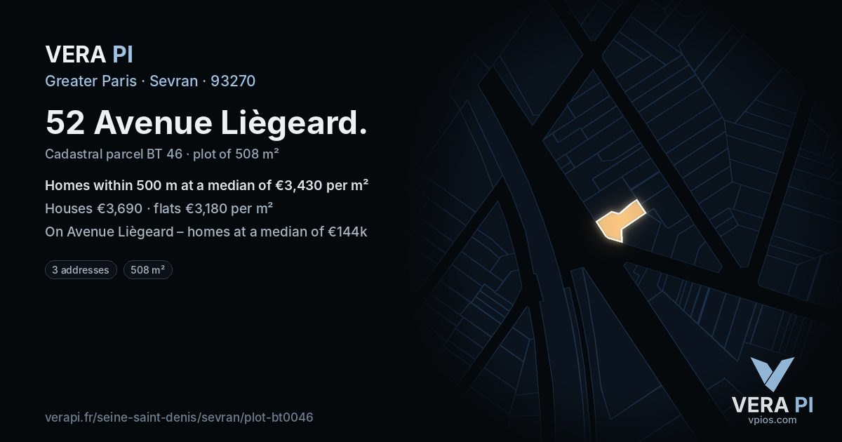 52 Avenue Liègeard, Sevran at night – the plot lit, the parcels around coloured by the prices near them