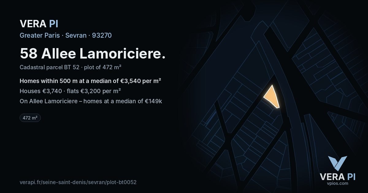 58 Allee Lamoriciere, Sevran at night – the plot lit, the parcels around coloured by the prices near them