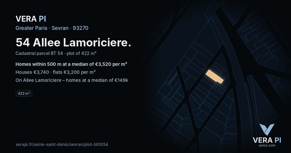 54 Allee Lamoriciere, Sevran at night – the plot lit, the parcels around coloured by the prices near them