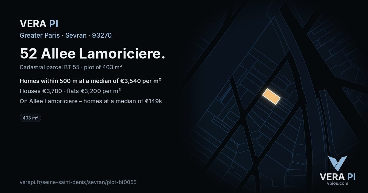 52 Allee Lamoriciere, Sevran at night – the plot lit, the parcels around coloured by the prices near them