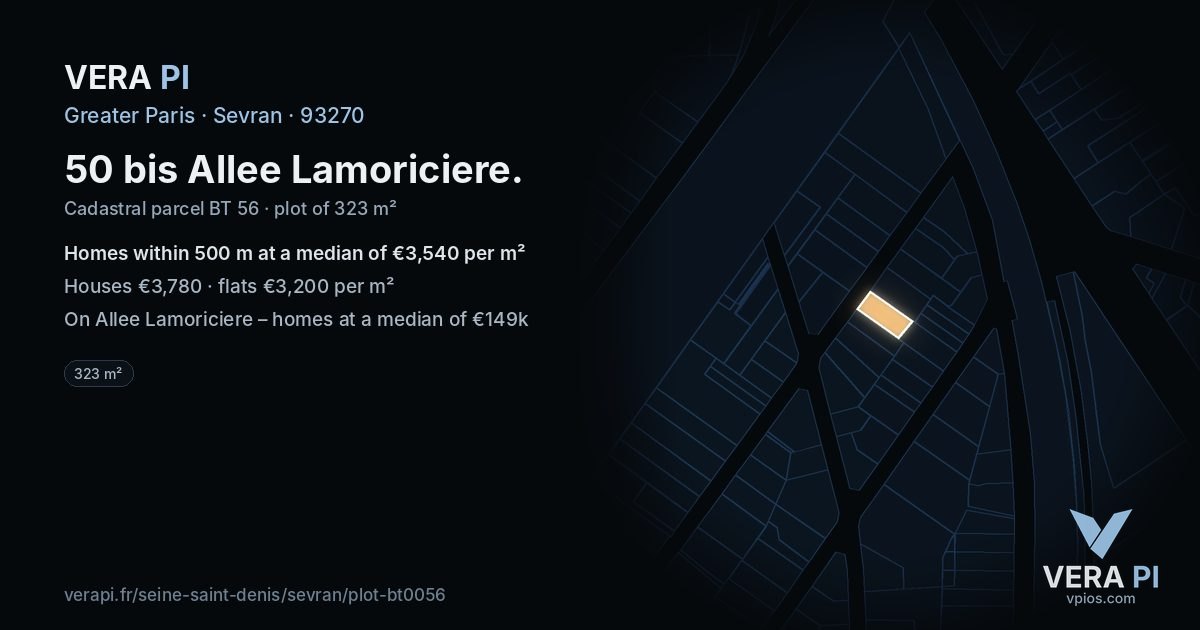 50 bis Allee Lamoriciere, Sevran at night – the plot lit, the parcels around coloured by the prices near them