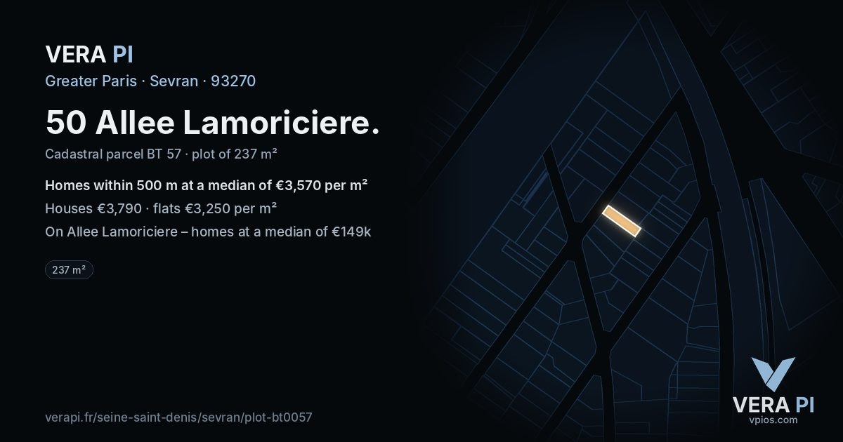 50 Allee Lamoriciere, Sevran at night – the plot lit, the parcels around coloured by the prices near them