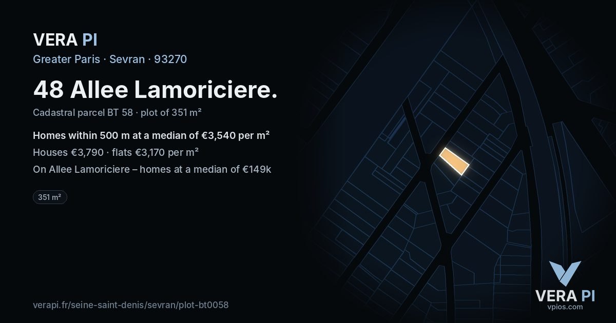 48 Allee Lamoriciere, Sevran at night – the plot lit, the parcels around coloured by the prices near them