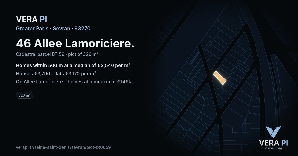 46 Allee Lamoriciere, Sevran at night – the plot lit, the parcels around coloured by the prices near them